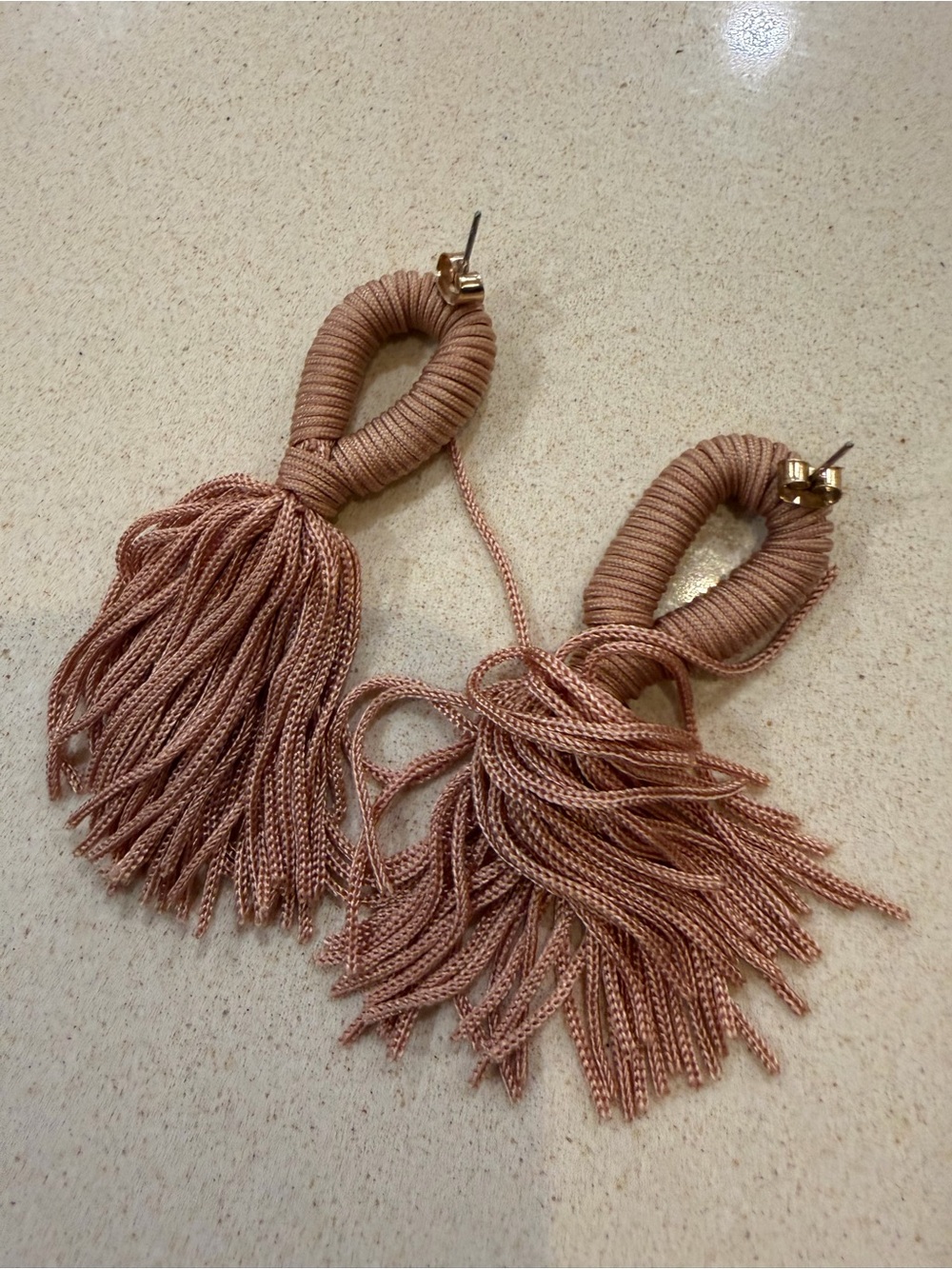 Beige Pink Wrapped Cord Statement Tassel Drop Earrings - Picture 6 of 7